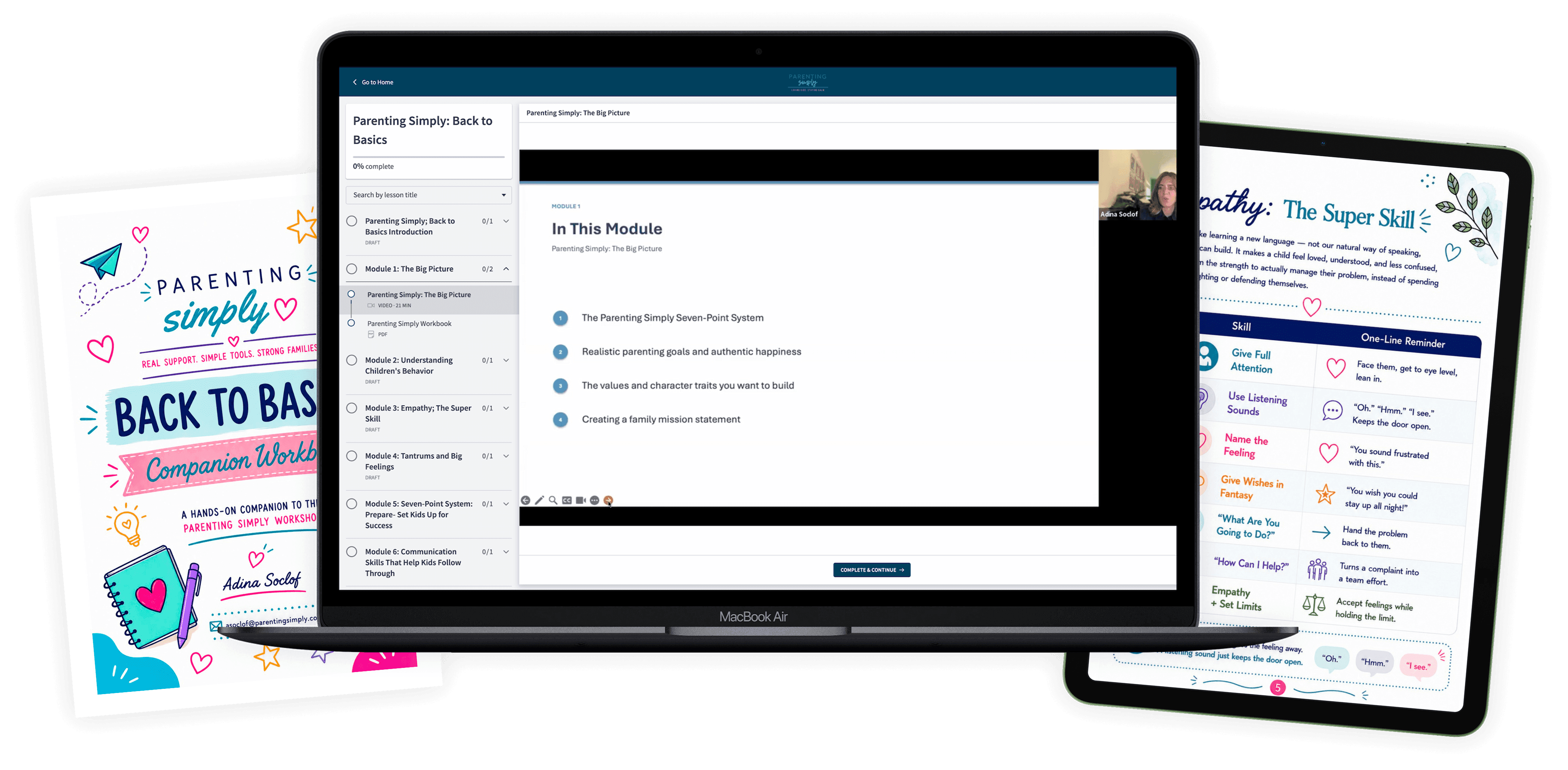 The Parenting Simply Back to Basics course on a laptop, with the companion workbook and a tablet