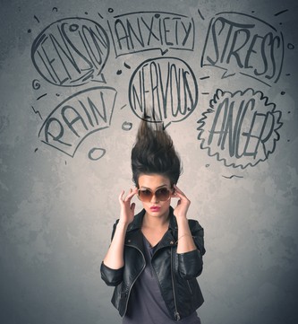 Mad young woman with extreme haisrtyle and speech bubbles